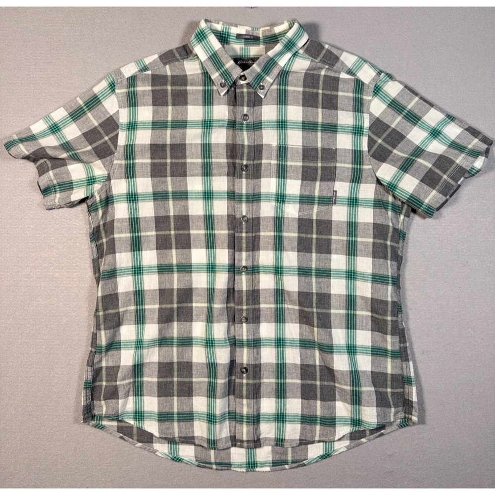 Eddie Bauer Men's Button Down Plaid Shirt - Green Gray White - Size L - Classic
